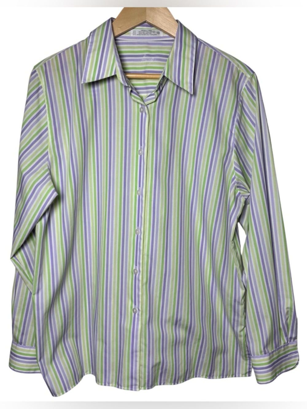 Foxcroft Top Button Blouse Women 14 Green Purple Stripe Wrinkle Free Long Sleeve